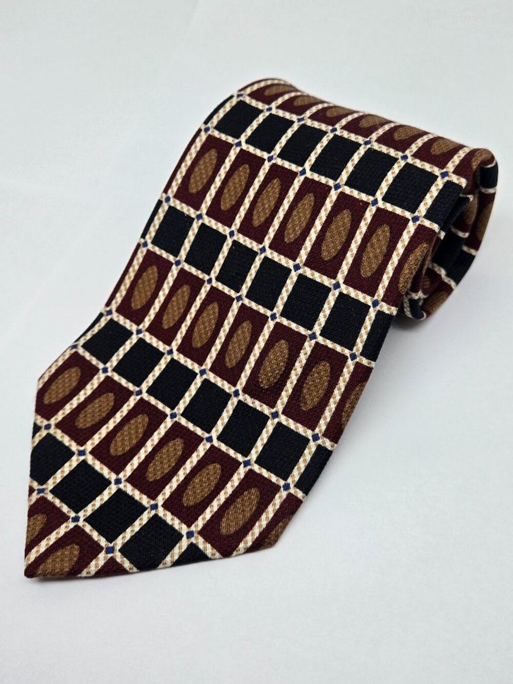 Vintage Retro Verde 100% Silk Geometric Mens Tie, Black, Burgundy, Brown